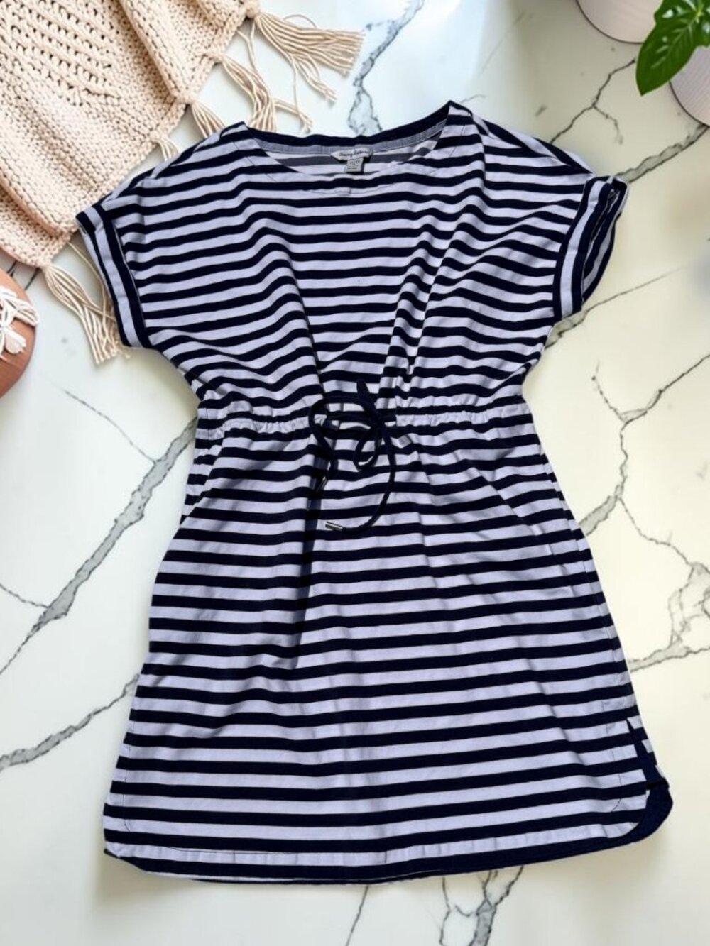Tommy Bahama Amira Stripe Drawstring Dress Size XL Pockets Navy White Boat Neck - Picture 2 of 10